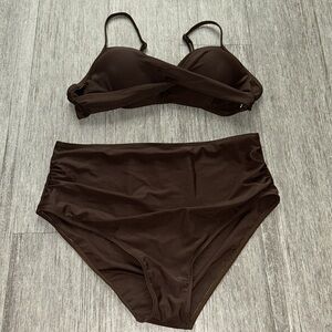 Brown BIKINI SET ADJUSTABLE STRAPS on top; metal hook closure in back